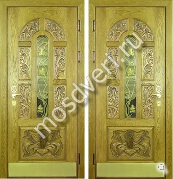 Парадная дверь в дом из массив дуба со стеклопакетом, ковкой и резьбой по дереву - купить от производителя Мосдвери Парадная дверь в дом из массив дуба со стеклопакетом, ковкой и резьбой по дереву